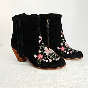 Sam Edelman Size 8 Black Suede Boots W/ Embroidered Flowers & Fringe Zip…